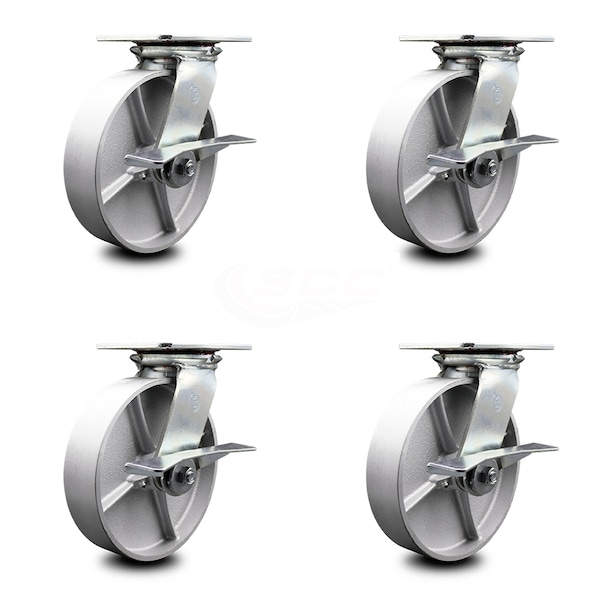 8 Inch Heavy Duty Semi Steel Caster Set with Ball Bearings and Brakes SCC